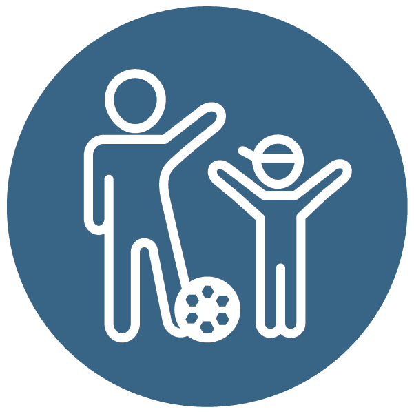 This is the icon to symbolize "family friend" within the Safe Families for Children Treasure Valley program. It is a line drawing of an adult/coach type figure, with a drawing of a ball on the ground next to a drawing of a youth-like figure wearing a sweatband on their head. 