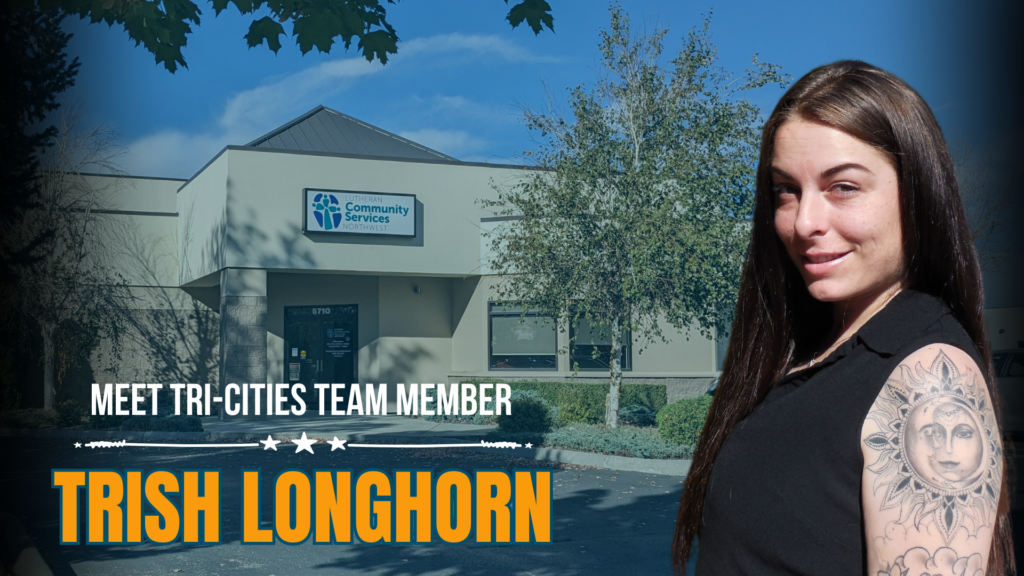 Employee Trish Longhorn in front of LCSNW office building