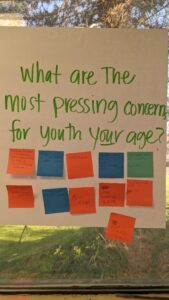 A poster on a window with sticky notes recording youth responses to the question: 