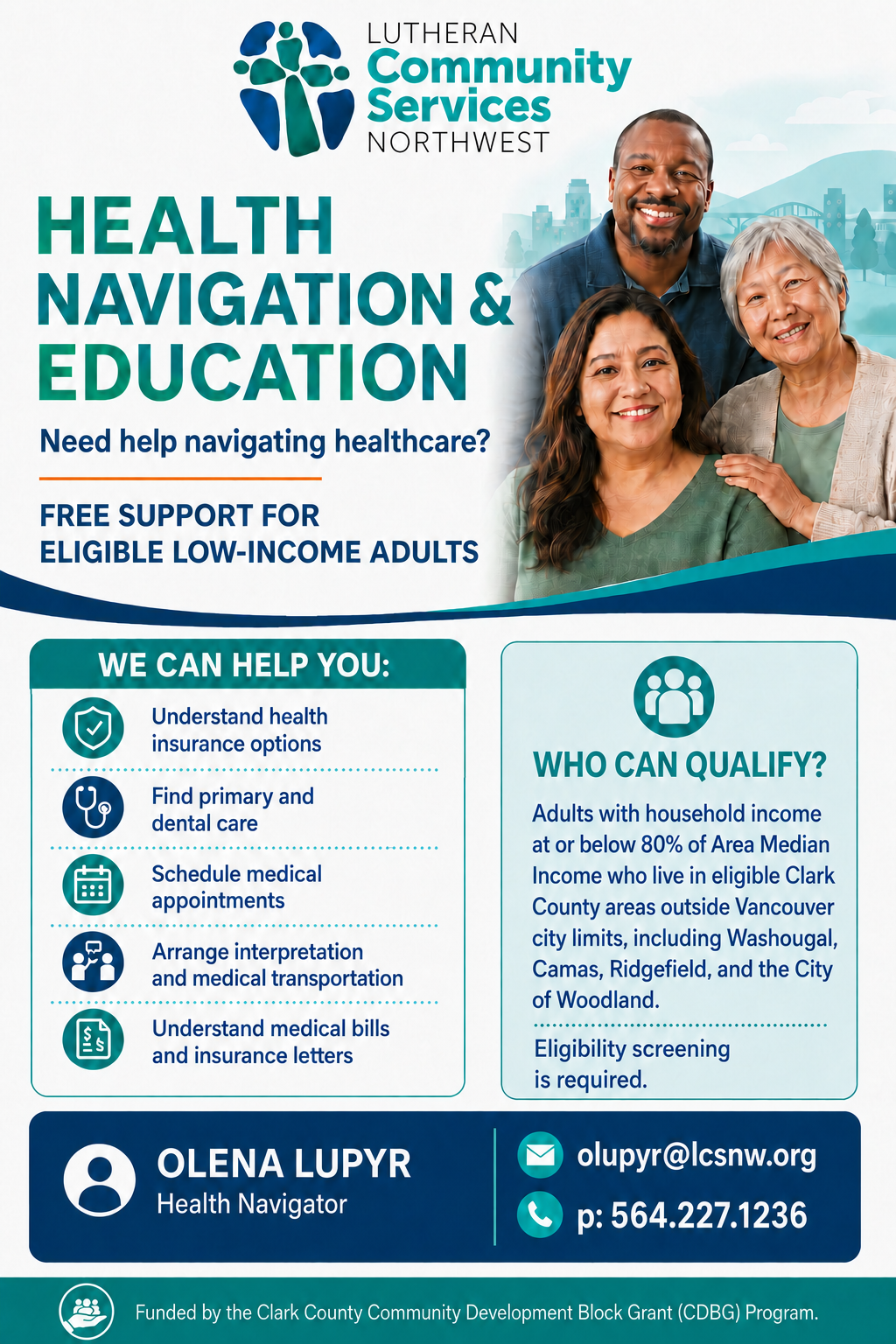 A flyer explaining the health navigation service available to some residents in Clark County, Washington who live outside city limits of Vancouver, Washington.